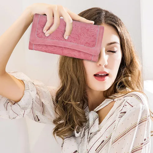 Vista 41 de MEITRUE Cartera de cuero para mujer, con bloqueo RFID, triple pliegue, con relieve, soporte para tarjetas, organizador de chequera para teléfono