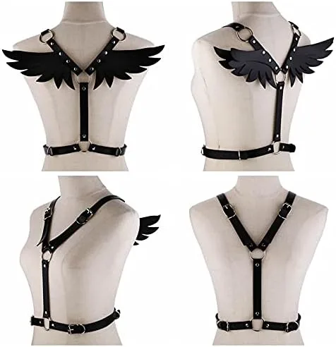 Vista 7 de Arnés de cuerpo de ala de ángel punk, cinturón de cadena de vientre, accesorios de joyería rave, traje de Halloween