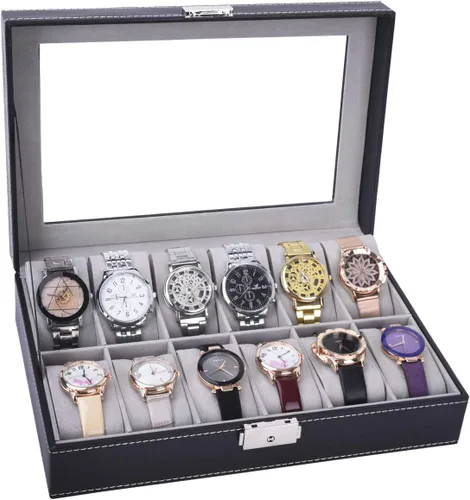 Vista 3 de AUTOARK Caja de reloj de cuero, 12 relojes, organizador de joyas, negro, AW-040