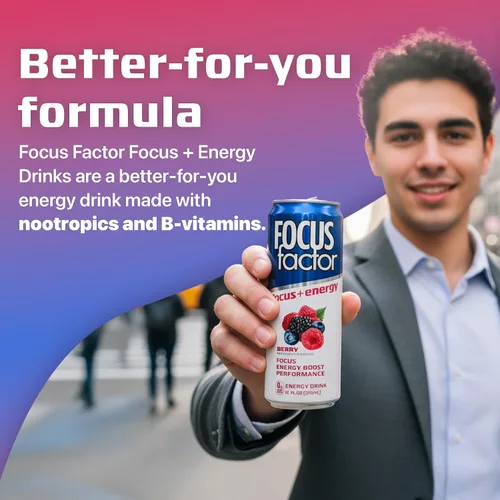 Vista 5 de Bebida energética Focus Factor - 12 latas de 355ml (sabor ponche de frutas) - con Focus + Energía - Ligeramente carbonatada, sin azúcar, bajas