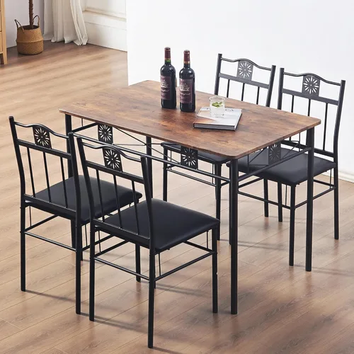 Vista 3 de VECELO juegos de mesa de comedor para cocina para 4, juego de 5 piezas de madera rectangular para desayunador, comedor con sillas acolchadas de PU