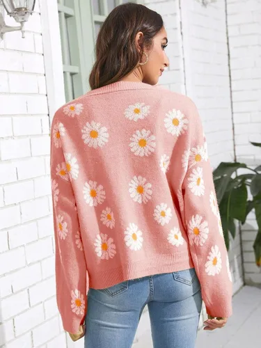 Vista 4 de Cárdigan de punto con estampado floral para mujer, manga larga, con botones y cuello en V
