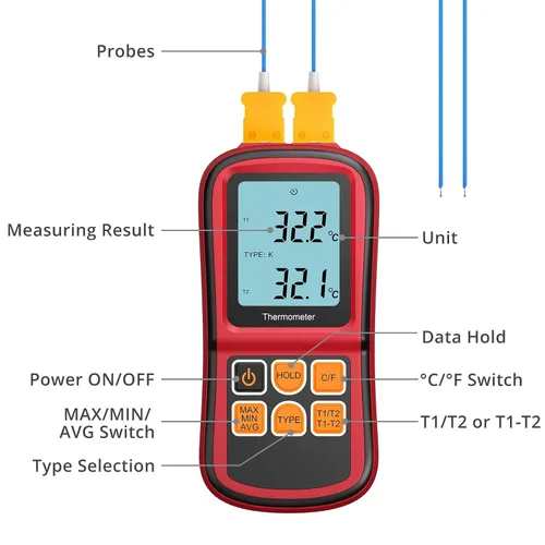 Vista 2 de Kamtop Termómetro de termopar digital de doble canal, medidor de temperatura tipo K con 2 sondas de termopar, medición T1/T2 y T1-T2, LCD