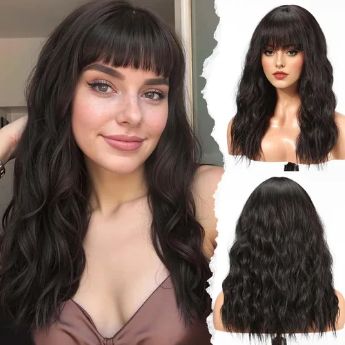 Vista 12 de HAIRCUBE Peluca larga con flequillo, pelucas sintéticas onduladas para mujer, color castaño rojizo