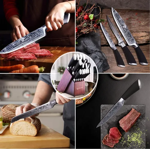 Vista 6 de Juego de cuchillos profesionales de acero inoxidable de 15 piezas con bloque de madera, juego de cuchillos de damasco para chefs, familia