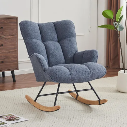 Vista 8 de Mecedora de cuarto de bebé con estilo oso de peluche, tapizada con respaldo alto, cómoda y elegante butaca acentuada con asiento acolchado para Azul