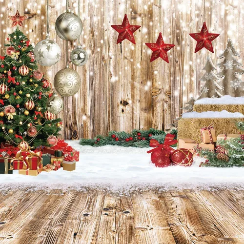 Vista 9 de CHAIYA Telón de fondo de Navidad de 5 x 7 pies, telón de fondo de madera para invierno, nieve, árbol de Navidad, regalo de Navidad, fiesta familiar