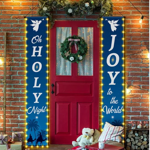 Vista 3 de Preboun 3 pancartas colgantes de Navidad con luces LED para el porche de Navidad con cadena de luces LED para decoración de invierno, Navidad