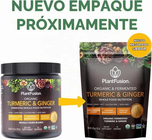 Vista 3 de PlantFusion - Suplemento en polvo de cúrcuma y jengibre, 4.76 onzas, 30 porciones Leche dorada en polvo con curcuminoides; certificado orgánico