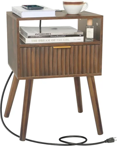 Vista 11 de Fultyle Mesita de noche pequeña, mesita de noche de madera con cajón acanalado y estante Marrón rústico