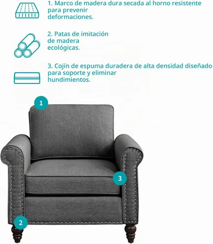 Vista 8 de BALUS Juego de sofás y sofá biplaza para sala de estar, sofás para sala de estar con patas de sofá de madera, juegos de sofá y sofá biplaza con Gris