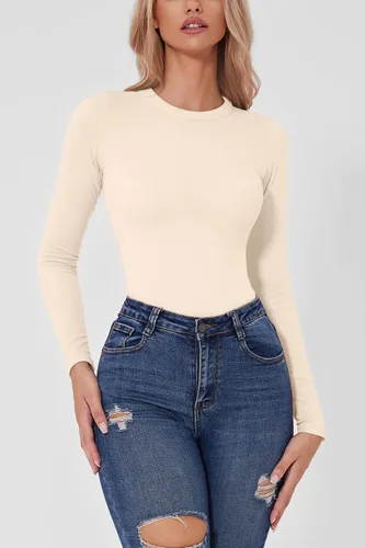 Vista 3 de QINSEN Body de manga larga sin costuras para mujer, cuello redondo, básica, elástica, camiseta
