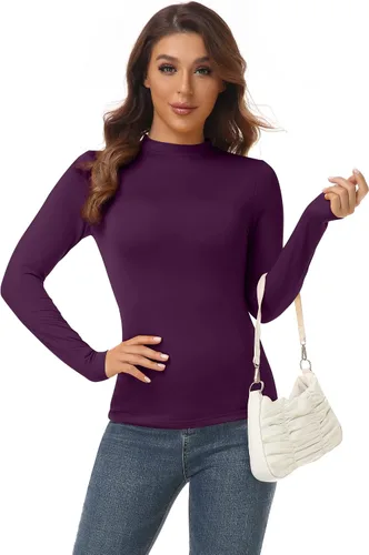Vista 3 de AUHEGN Camisetas de cuello alto falso para mujer, estilo casual, ajustadas, de manga larga, de capa base