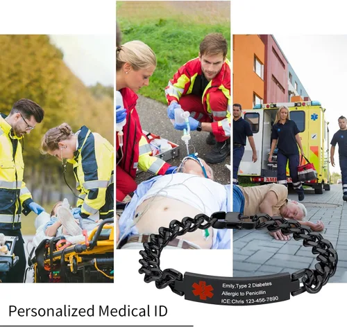 Vista 6 de VNOX Pulsera de identificación de alerta médica con grabado gratuito para hombres y mujeres, etiqueta médica, cadena de eslabones de acero inoxidable