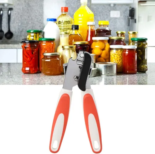Vista 6 de Abrelatas manual, abrelatas de acero inoxidable, apto para alimentos, tapas de lata multifunción con mango antideslizante y perilla grande, borde