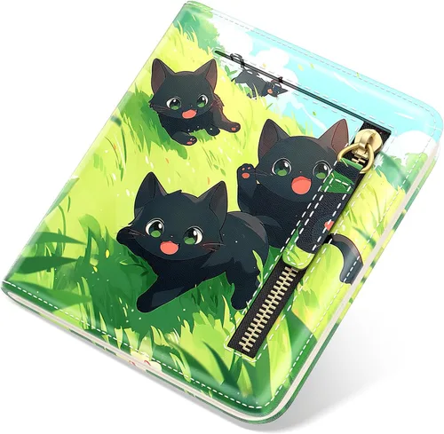 Vista 24 de Billetera de cuero genuino de lujo para mujer con bloqueo RFID, compacta, plegable, con ventana para identificación, Gato negro, Moderno