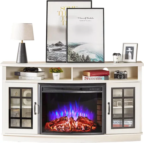 Vista 9 de AMERLIFE - Soporte de TV curvado con chimenea de 59 pulgadas con almacenamiento para televisores de hasta 65 pulgadas Blanco gastado
