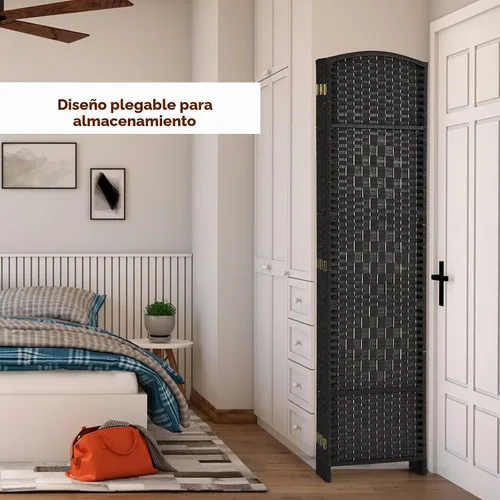 Vista 4 de Giantex Divisor de habitación de 6 paneles de 6 pies de alto, panel divisor de madera independiente con fibra de papel tejida a mano, separadores
