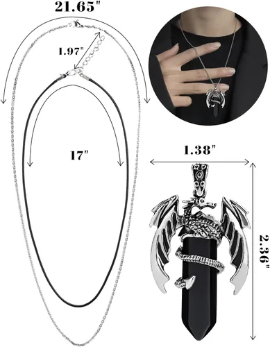 Vista 25 de Collar de dragón – Colgante hexagonal de plata envuelto en cristal con cristal natural – Joyería genial para hombres y mujeres