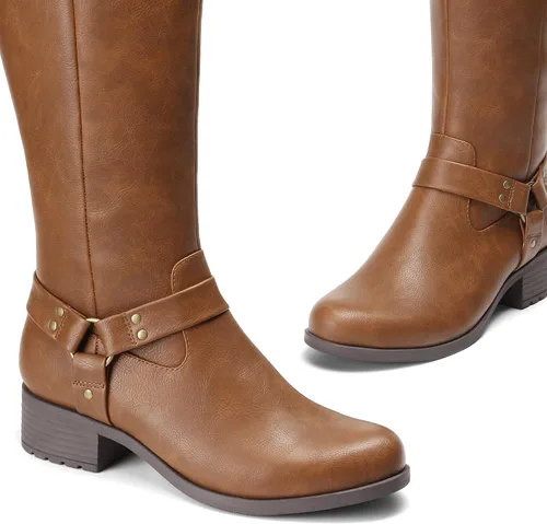 Vista 5 de DREAM PAIRS Botas para mujer hasta la rodilla, cómodas botas de equitación con cremallera lateral