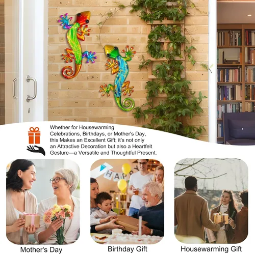 Vista 5 de Arte decorativo de Gecko de pared de metal, 14 pulgadas, paquete de 2 Diseño de escalada 3D, escultura de vidrio decorativa, lagarto colgante