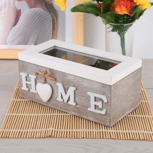 Vista 7 de Organizador de bolsas de té de madera, caja de té decorativa de madera, organizador de madera antigua con compartimentos y parte superior de ventana