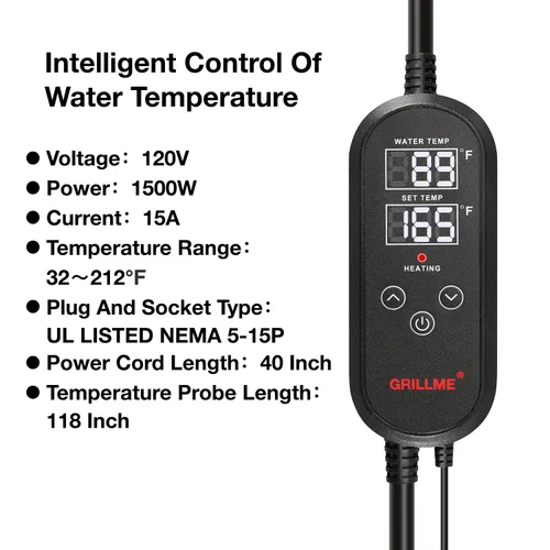 Vista 5 de GRILLME Calentador de agua de inmersión de 1500W con controlador de temperatura inteligente, calentador eléctrico portátil totalmente sumergible