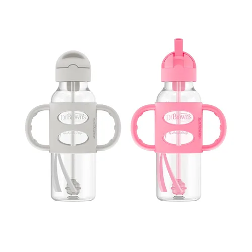 Vista 2 de Dr. Brown's Milestones - Botella de popote estrecha y vaso con popote para bebé, a prueba de derrames, con asas 100% de silicona y popote