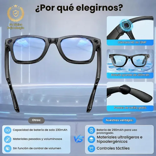 Vista 3 de Gafas inteligentes AI con cámara de 13MP para fotos y videos 4K, 3 lentes