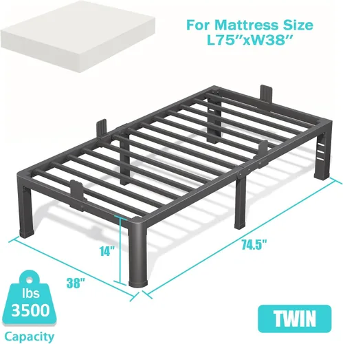 Vista 2 de Firpeesy 14 Inch Twin Size Bed Frame, Sturdiness Metal Twin Platform Bed Frame with Storage, No Box Spring Needed, Noiseless, Ease of Assembly