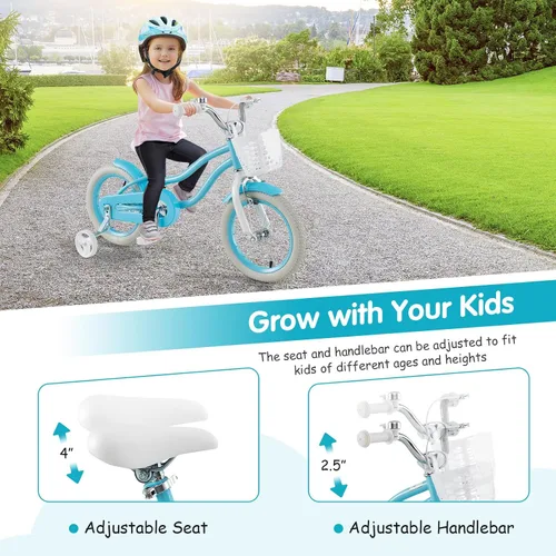 Vista 2 de HONEY JOY Bicicleta para niños de 12, 14, 16, 18, 20 pulgadas, con ruedas de entrenamiento, freno de mano y freno de posavasos, cadena totalmente