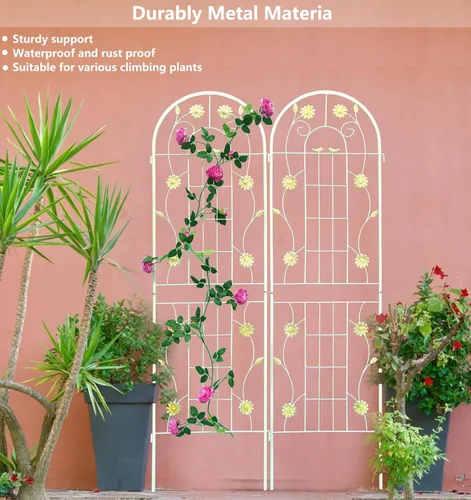 Vista 5 de Paquete de 2 enrejados de jardín de metal para plantas trepadoras, 71 pulgadas de alto, color blanco crema, valla de jardín, enrejado a prueba