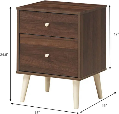 Vista 3 de Giantex Mesita de noche con cajones y patas de madera de goma maciza, gran espacio de almacenamiento para dormitorio, sala de estar, pasillo