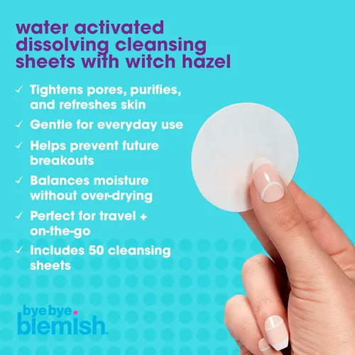 Vista 4 de Bye Bye Blemish Hojas limpiadoras disolventes – Lavado facial con control de aceite de hamamelis, jabón de papel facial activado por agua para piel