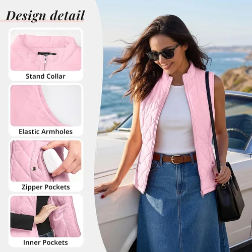Vista 7 de LONGKING Chaleco de mujer, cuello alto, ligero, con cremallera, acolchado para mujer Rosa
