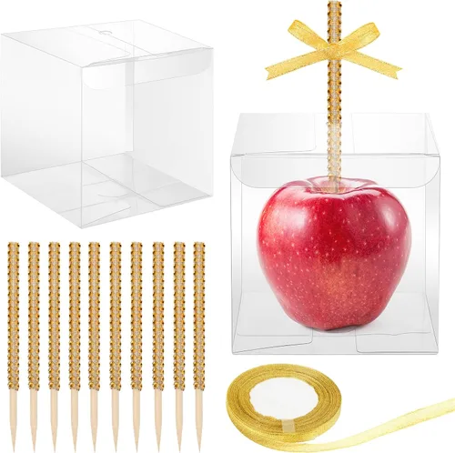 Vista 11 de 10+10 cajas de manzana de caramelo con agujero y palos, 10 palitos de manzana con diamantes de imitación brillantes, 10 cajas con agujero, cinta