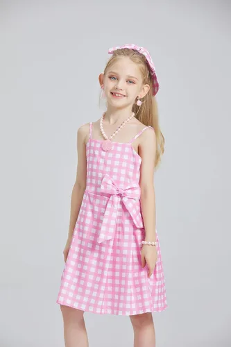 Vista 3 de Vestido a cuadros rosa para niñas, disfraces de cosplay con accesorios de 4 a 14 años