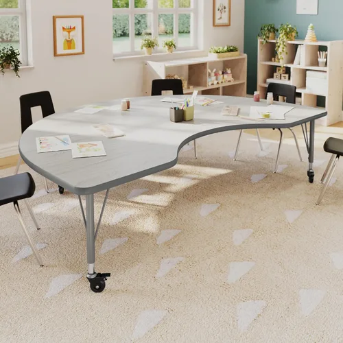 Vista 2 de Flash Furniture 72" x 48" Kidney Activity Table, Light Gray, Casters