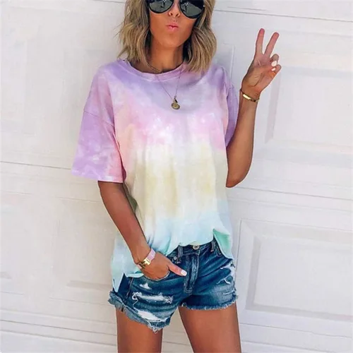 Vista 2 de Tie-Dye Camisas Mujer Fashio Camiseta Manga Corta Tops Cuello Redondo Camiseta suelta Túnica Esconder el vientre básico