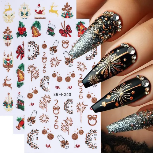 Vista 6 de Calcomanías de uñas de Navidad, calcomanías de uñas de invierno 3D, autoadhesivas, coloridas, cadena de luces, árbol de Navidad, reno, diseño