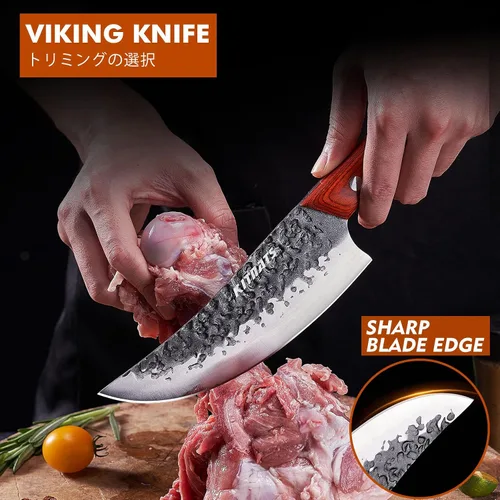 Vista 10 de Juego de cuchillos de carnicero profesional, cuchilla de carne pesada forjada a mano, cuchillo de chef serbio, cuchillo de deshuesado vikingo, juego