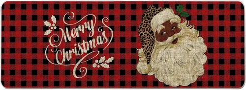 Vista 7 de GAGEC Tapete de Navidad para exteriores, tapete negro de Papá Noel, tapete de entrada a cuadros rojos afroamericanos, decoración de casa de campo