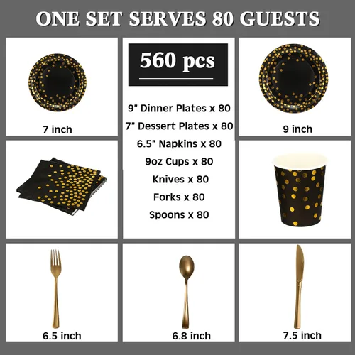 Vista 2 de Sieral 560 piezas de suministros de fiesta negros y dorados para 80 invitados, kits de vajilla de punto dorado, platos de papel negro, tazas