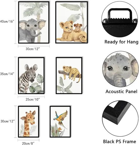 Vista 3 de HLJ ART Arte de pared para guardería de animales de safari: decoración de pared de guardería de bosque, juego de 6, imágenes de animales de bebé