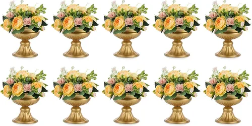 Vista 13 de NUPTIO Jarrones de oro envejecido para centros de mesa: 2 piezas de jarrones pequeños de compota para flores - Decoración de cuenco de pedestal