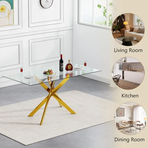 Vista 7 de Juego de mesa de comedor de cristal para 4, juego de mesa de cocina moderno de 5 piezas 52''Rectangular Glass Dining Set with 4 PU Leather
