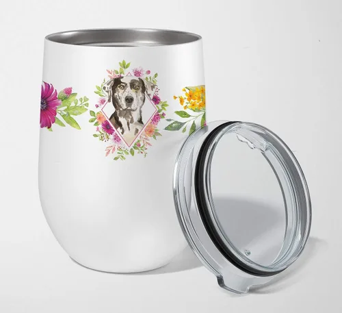 Vista 110 de Caroline's Treasures CK4110TBL12 Afghan Hound Pink Flowers - Vaso de vino aislado de acero inoxidable de 12 onzas con tapa, bonita taza de viaje