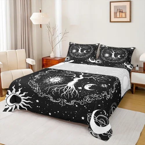 Vista 12 de Erosebridal Juego de sábanas tamaño individual con estampado de luna, diseño de flores de loto, color morado degradado, juego de sábanas orientales
