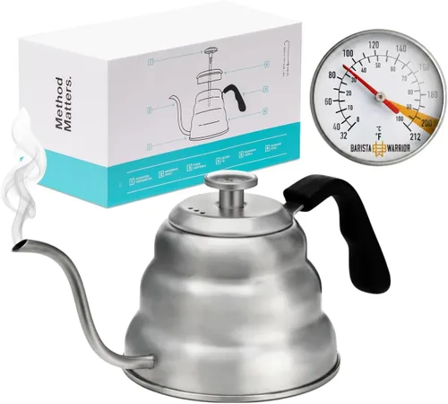 Vista 9 de Barista Warrior - Hervidor de café de cuello de cisne con termómetro – Hervidor de cuello de cisne para café y té, de acero inoxidable para todas