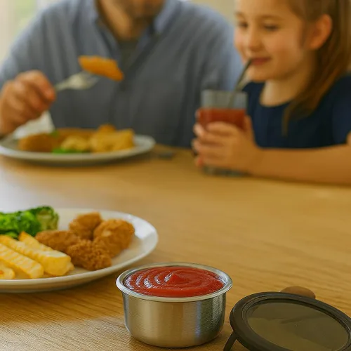 Vista 3 de Paquete de 3 recipientes pequeños de condimentos y inmersión de 4 onzas con tapas a prueba de fugas, tazas de salsa reutilizables de acero